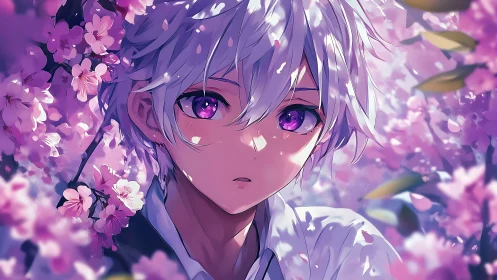 White haired anime youth amid dense pink blossom canopy.
