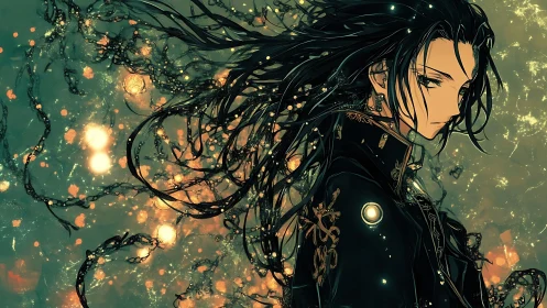 Starlit wanderer cloaked in emerald embers and drifting light.