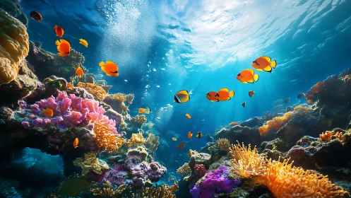 Coral reef scene with tropical fish in clear blue water.