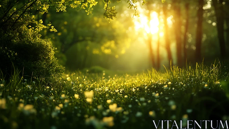 Sunlit Forest Meadow with Wildflowers in Golden Morning Light.