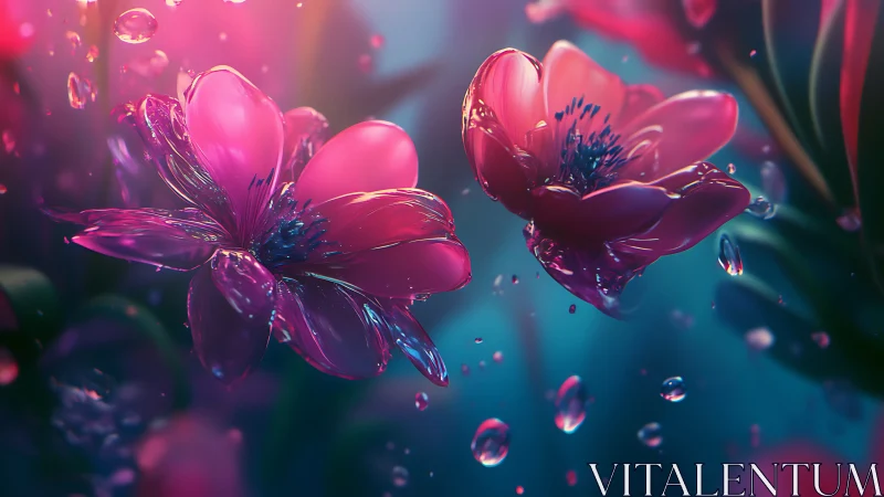 Three-dimensional rendering depicts synthetic flowers with liquid droplets