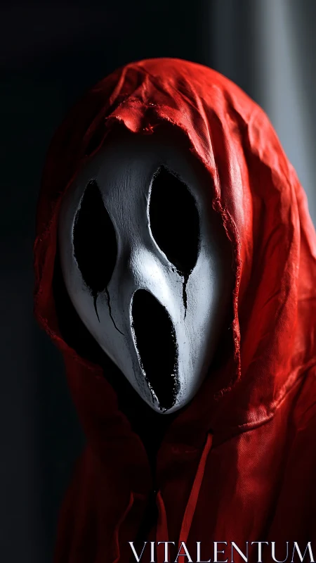 White ghost mask with black eyes under bright red hood.
