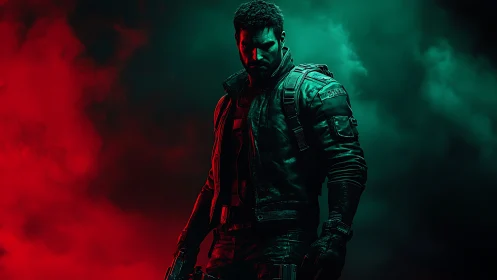 Armored soldier in red and green cinematic backlighting.