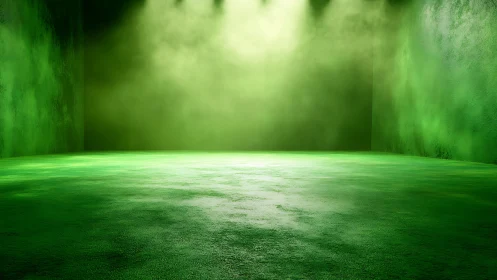 Glowing green studio space bathed in soft misty light.
