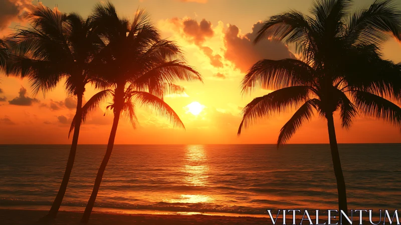 Sunset silhouettes palm trees against radiant tropical horizon