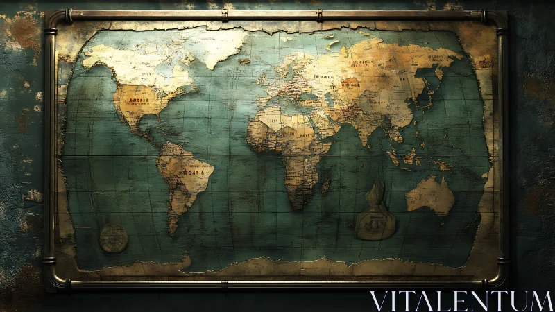 Steampunk-styled world map framed in aged brass pipes.