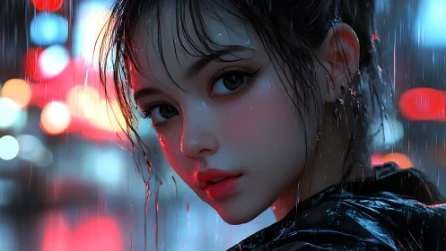 Neon-lit girl gazes back in the rain-drenched city night.