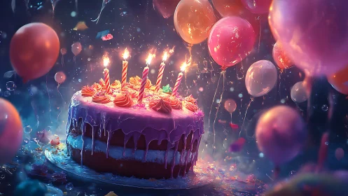 Luminous Birthday Cake with Glowing Candles and Floating Balloons.