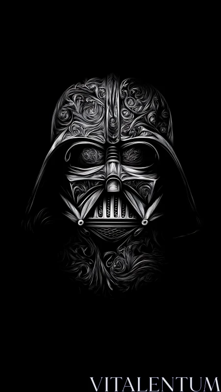 Intricate monochrome helmet rendered with swirling filigree strokes