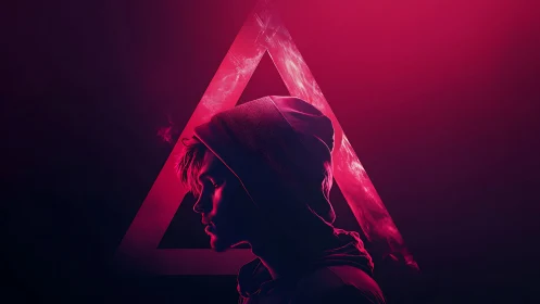 Neon-lit hooded profile silhouette framed by glowing triangle