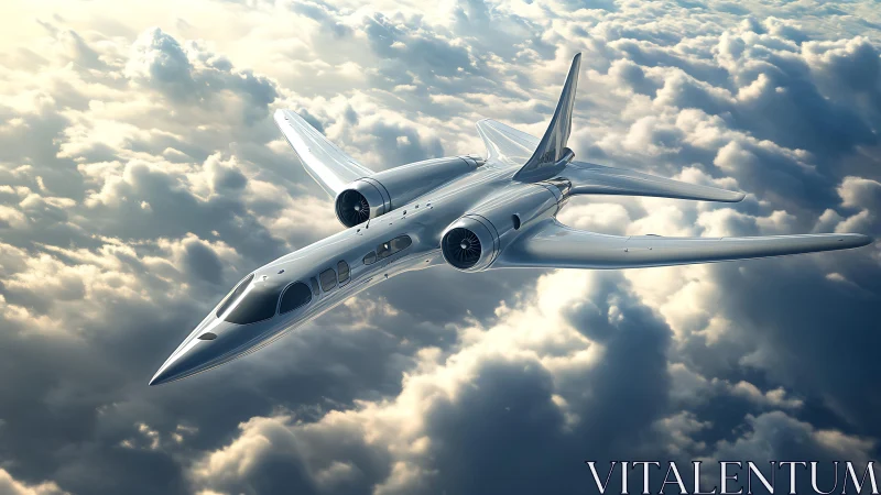 Futuristic twin-engine executive jet cruises above stratiform clouds