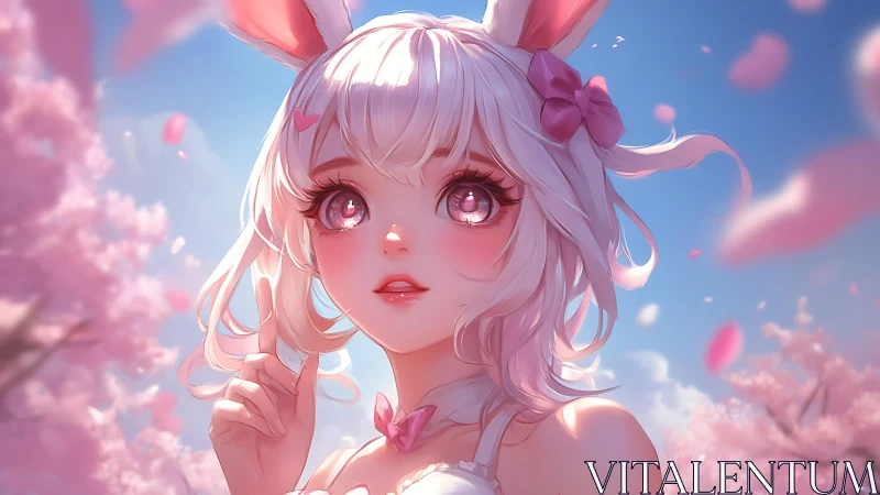 Soft bunny-eared girl enjoys a dreamy pink spring day