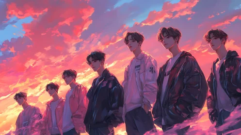 Seven stylized youths align under a vivid, painterly sunset sky