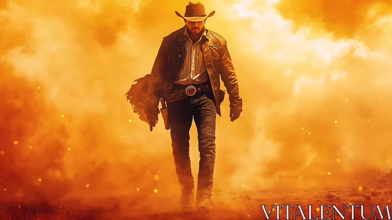 Cowboy strides through liquid firelight in cinematic slow burn