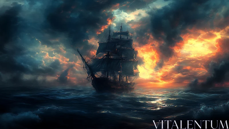 Tall ship cuts through stormlit sea under burning sky