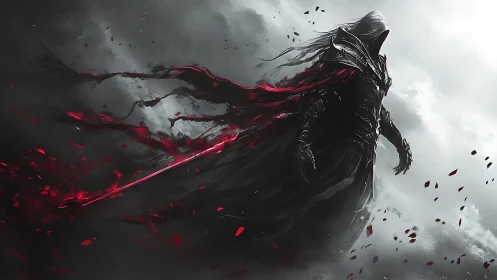 Hooded dark warrior with flowing red energy in storm.