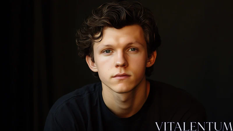 Neutral-lit male portrait uses shallow depth and dark backdrop