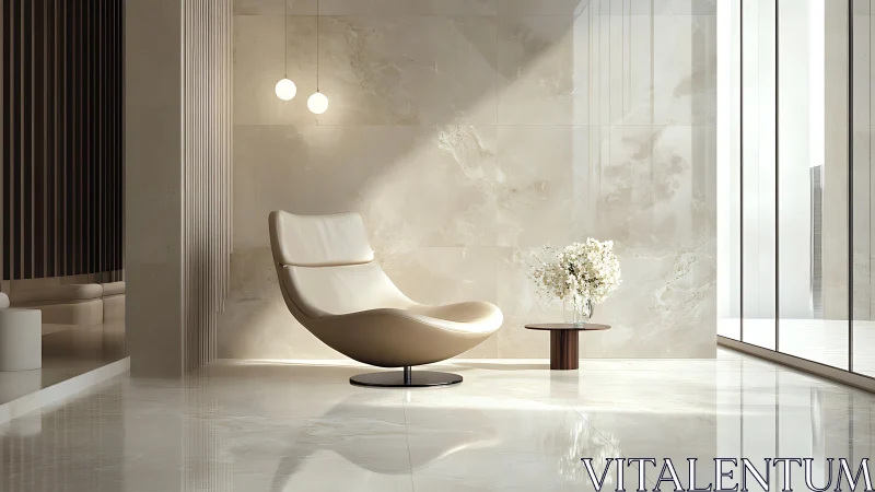 Minimalist lounge chair in sunlit marble interior. Period.