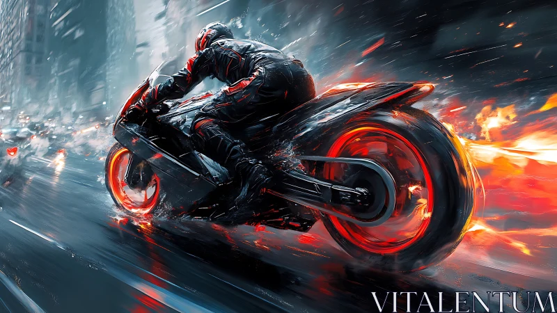 Neon stormrider carves fire through the rain-slicked city night