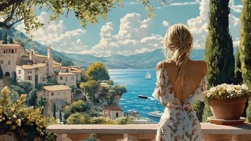 Sunlit coastal terrace frames contemplative female figure in florals