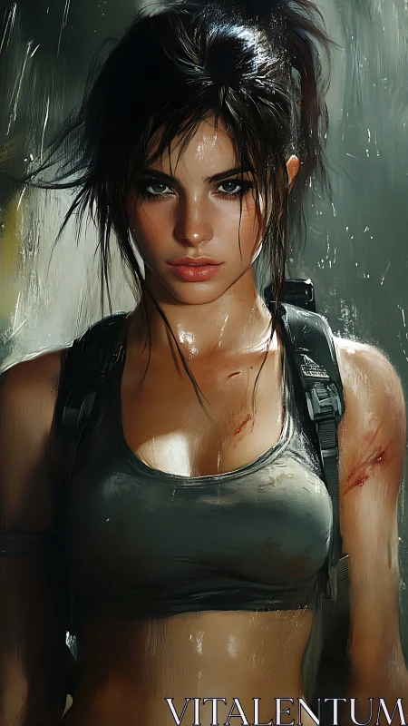 Battle-hardened explorer stands in rain, fierce and defiant.