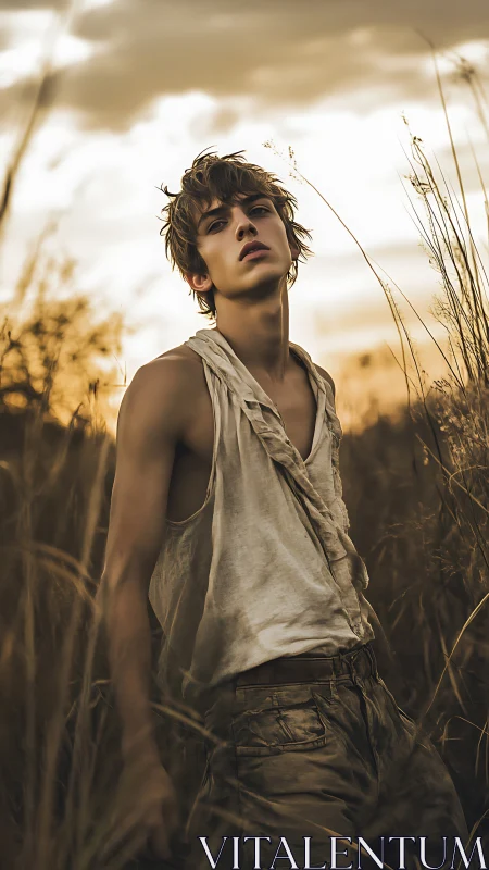 Cinematic dusk portrait of youth in sepia-toned grassland.