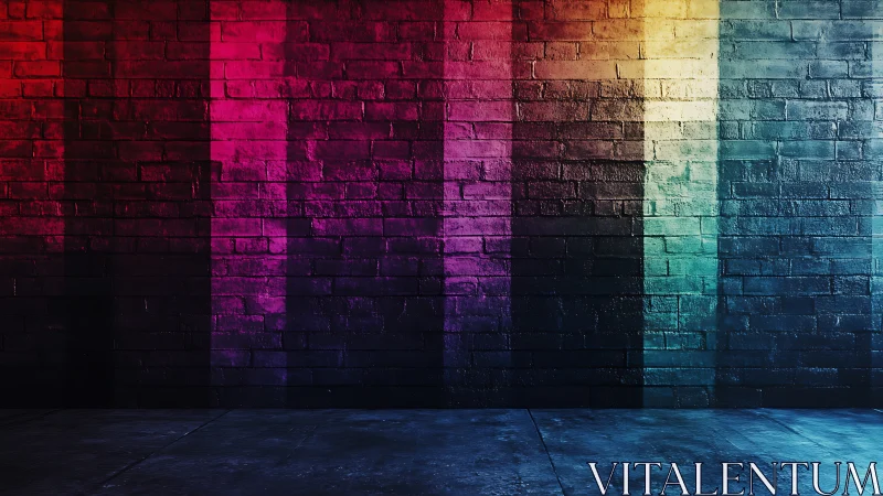 Chromatic gradient light bands across textured brick wall plane