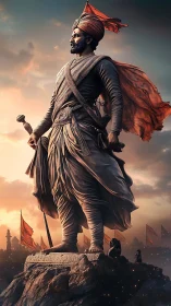 Heroic warrior statue dominates sunset battlefield panorama