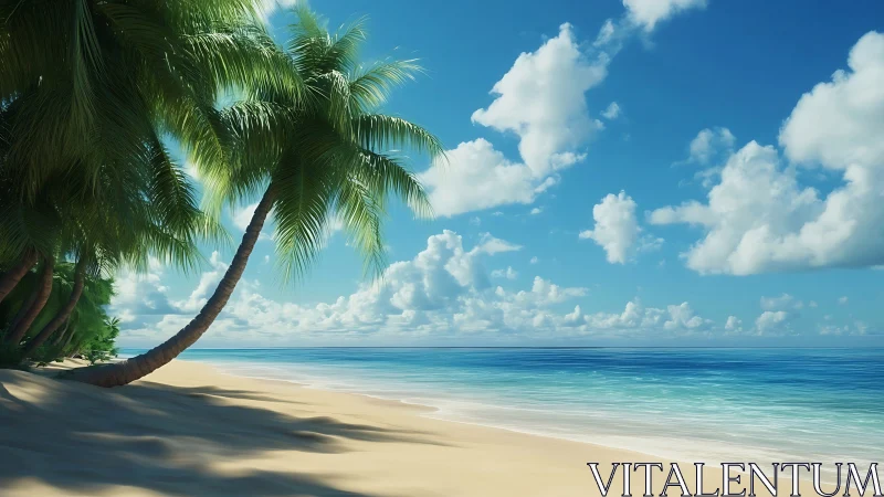 Tropical Coastal Landscape With Leaning Palm Tree and Turquoise Ocean