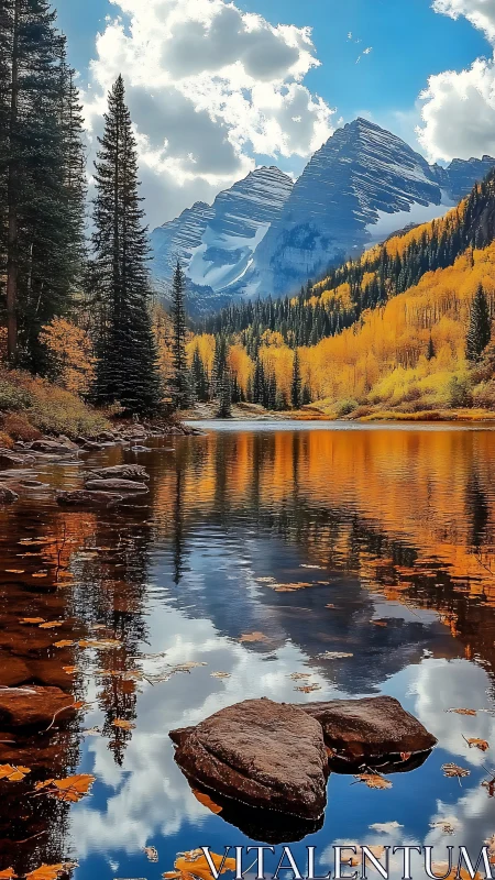 Alpine lake reflection with autumn aspens and glaciated peaks
