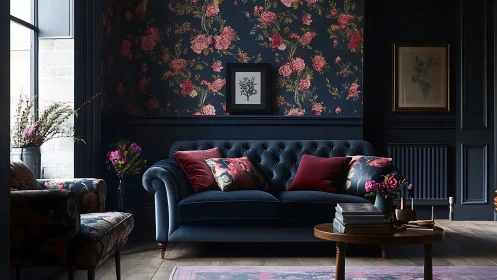 Dark floral living room with blue sofa and bold wallpaper.