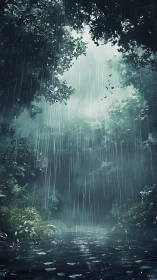Rainfall Through Forest Canopy with Birds in Flight.