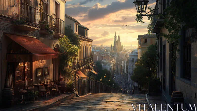 Golden hour café street descending to a storybook cathedral.
