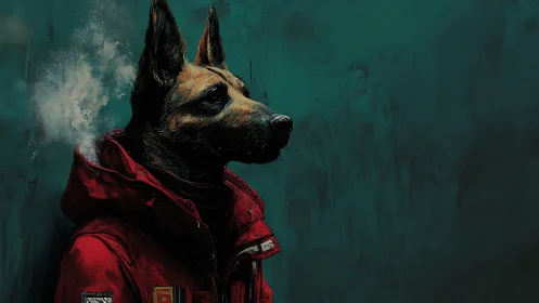 Anthropomorphic shepherd in insulated red parka, side profile.