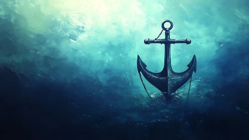 Submerged maritime anchor in turbulent cyan oceanic field.