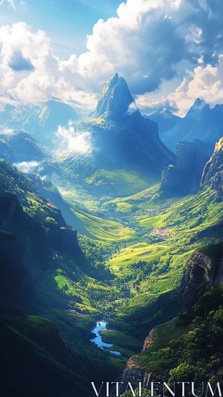 Sunlit valley of towering dreamlike mountains at dawn.