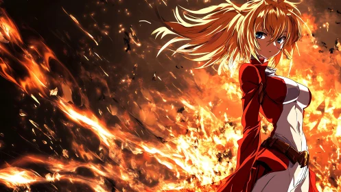 Flameborne heroine strides through a storm of blazing embers.