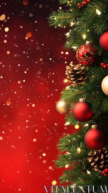 Christmas tree branches with red baubles on red backdrop.