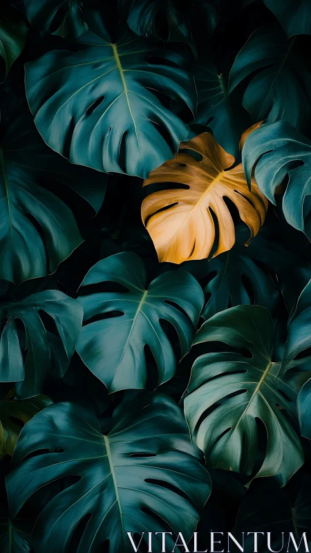 Single yellow monstera leaf contrasts with dark green foliage
