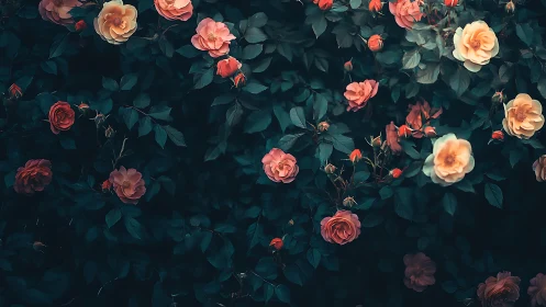 Garden Roses in Teal Shadow, Delicate Blooms Against Dark Foliage