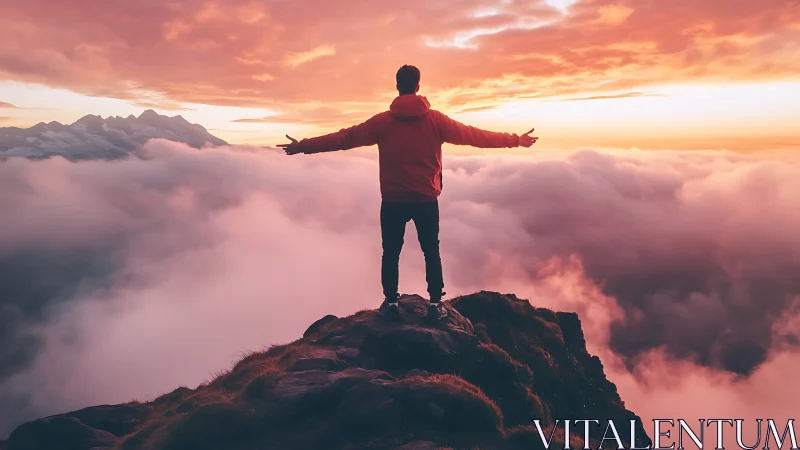 Hiker embraces a fiery cloudscape from a mountain summit.