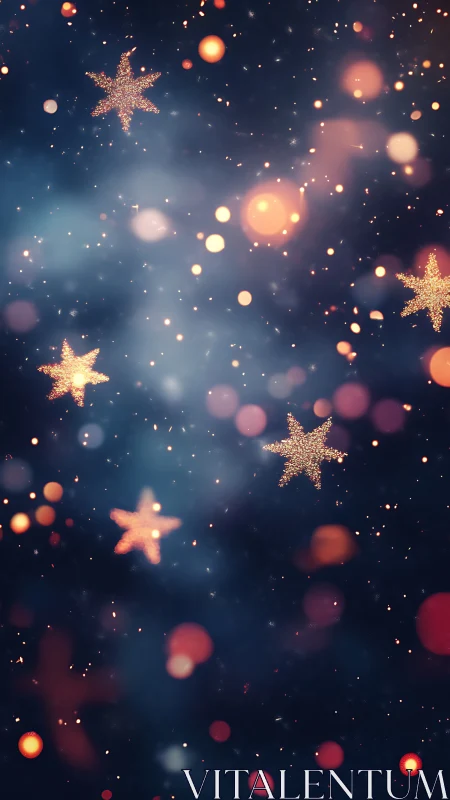 Golden glitter stars on dark blue festive bokeh background.