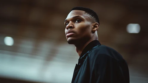 Focused court sideline portrait of a determined young player.