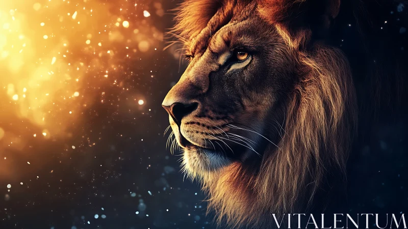 Golden light crowns a majestic lion in contemplative profile