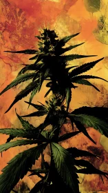 Cannabis inflorescence silhouetted against abstract fiery background
