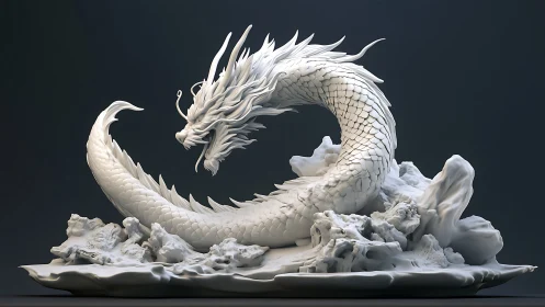 Coiled porcelain dragon frozen mid‑storm over silent waves.