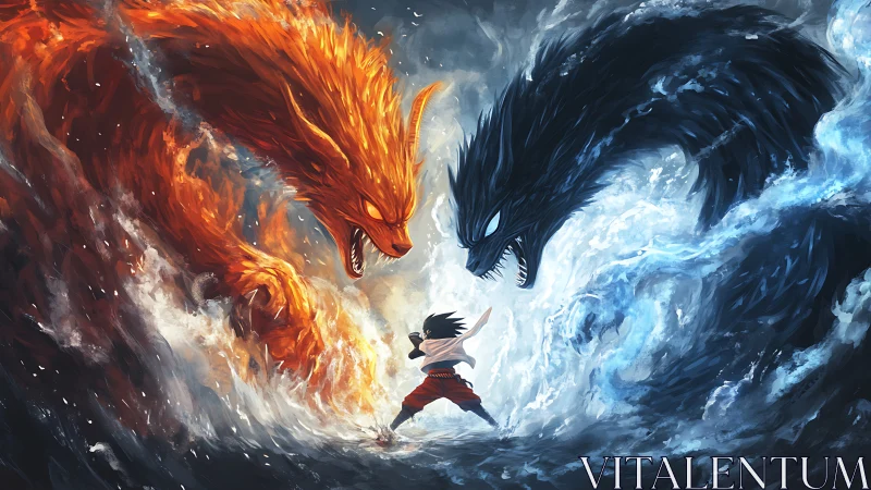 Warrior confronts colossal fire and water dragon spirits