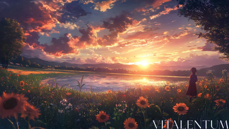 Backlit flower field and reflective lake under volumetric sunset sky