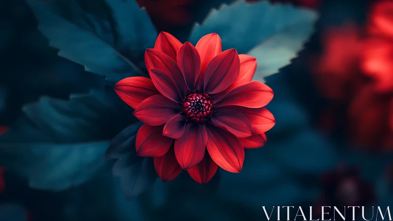 Red dahlia bloom photographed against teal-toned blurred foliage background
