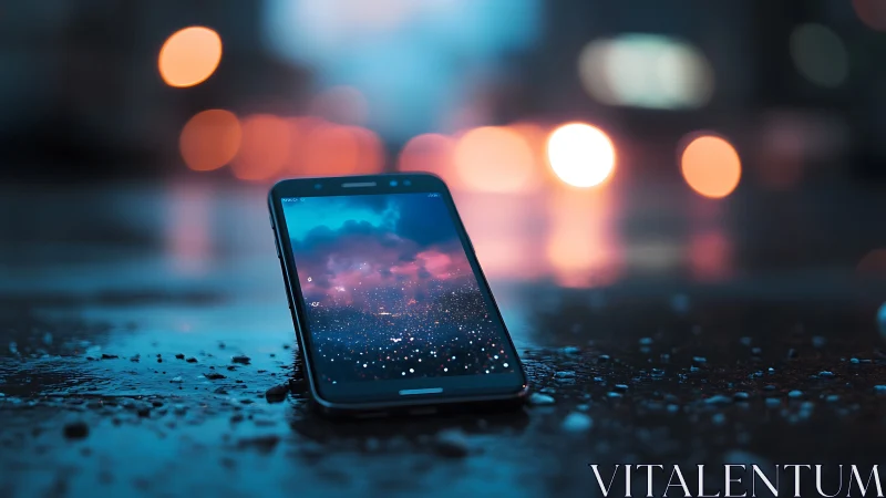 Smartphone glows on wet city street amid dreamy night bokeh